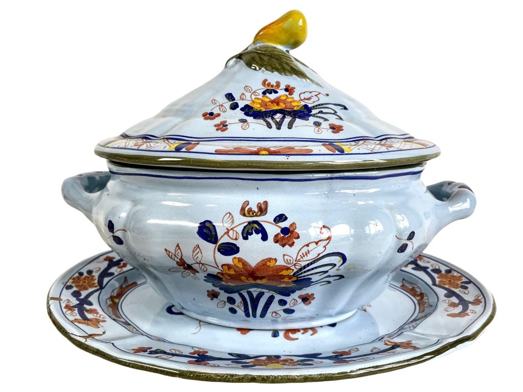 Vintage Italian Cata Calli Florentine Pear White Blue Ceramic Terrine Bowl Dish Plate Server Serving Lid REPAIRED circa 1940-50’s / EVE