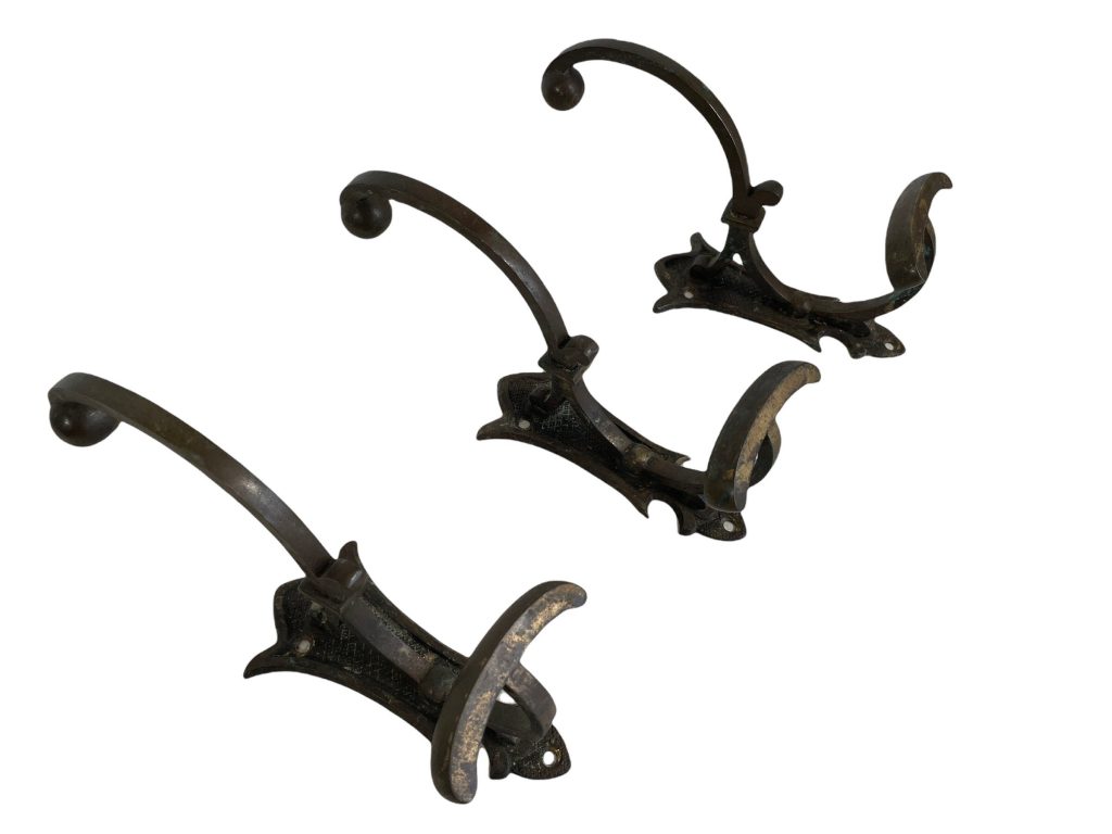 Antique French Metal With Heavy Patina Coat Hook Coat Rack Hooks Storage Door Wall Hanging Industrial Set Of Three c1900-10’s / EVE