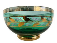 Vintage French Green Gold Glass Serving Bowl Dish Trifle Pudding Dessert Trinket Ornament Display circa 1970-80's / EVE