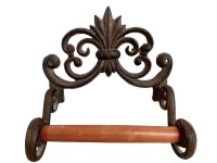 Vintage French Metal Wood Wooden Toilet Lavatory Paper Towel Roll Holder Wall Mounted Rusty Iron Look circa 1980-90's / EVE