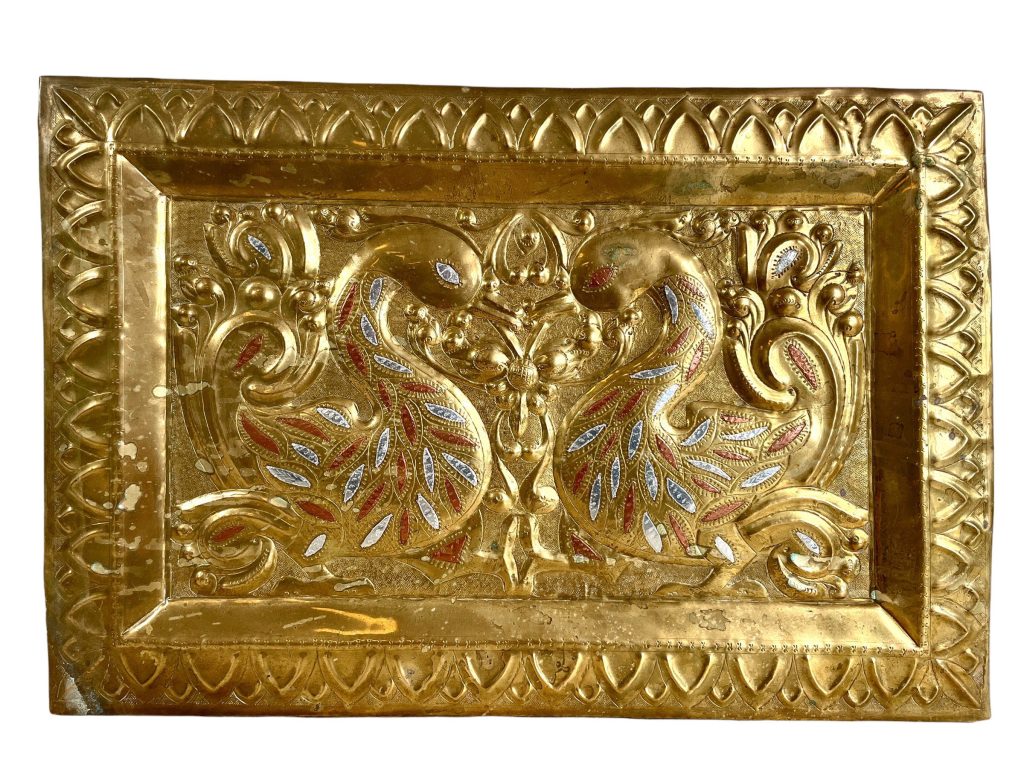 Vintage Indian Repousee With Swans Brass Metal Rectangular Plaque Decorative Wall Display circa 1980’s / EVE