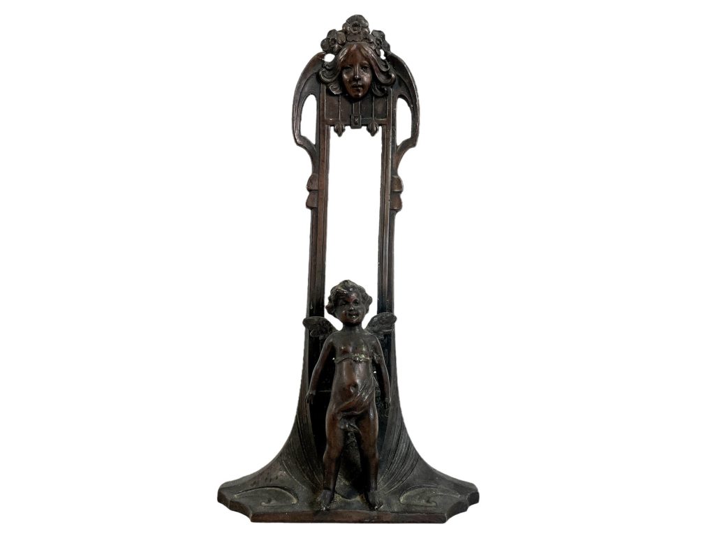 Vintage French Desktop Table Top Cherub Angel Photo Frame Pewter Spelter Metal Ornate Decorated Decadent Decorative Black c1920-30's / EVE