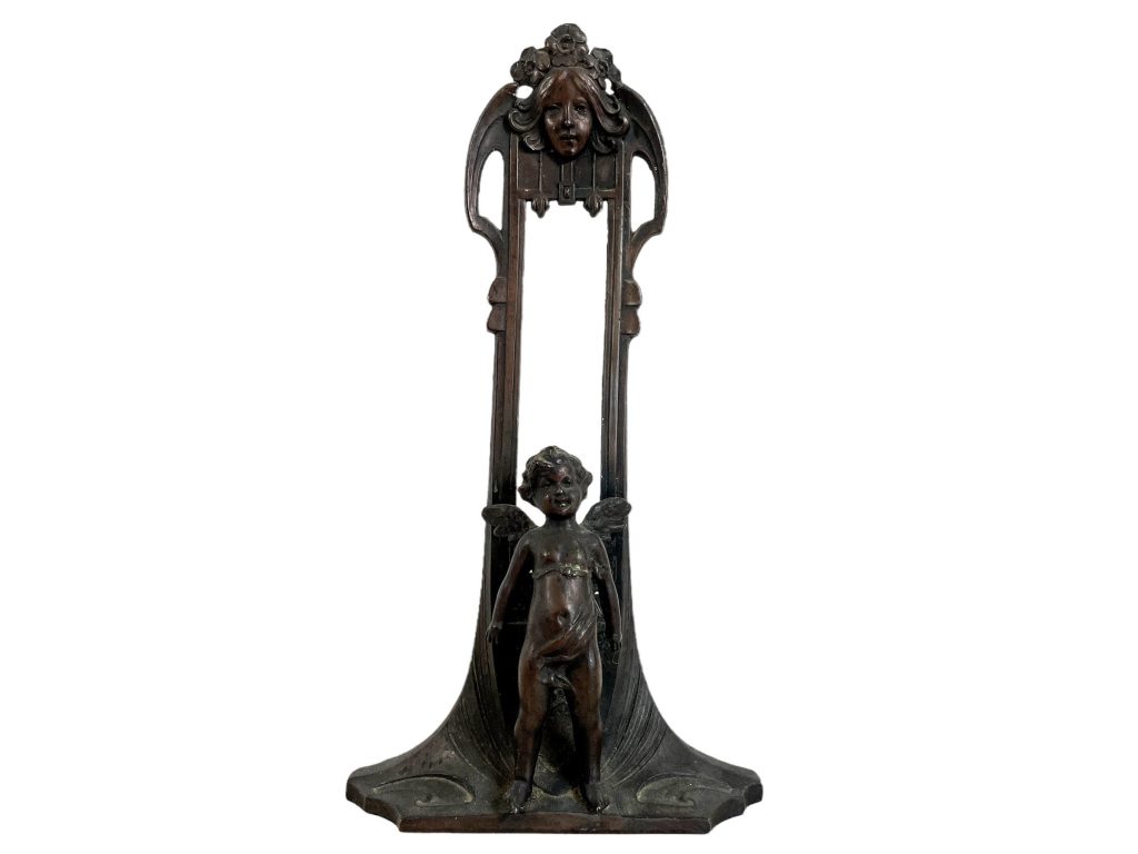 Vintage French Desktop Table Top Cherub Angel Photo Frame Pewter Spelter Metal Ornate Decorated Decadent Decorative Black c1920-30’s / EVE