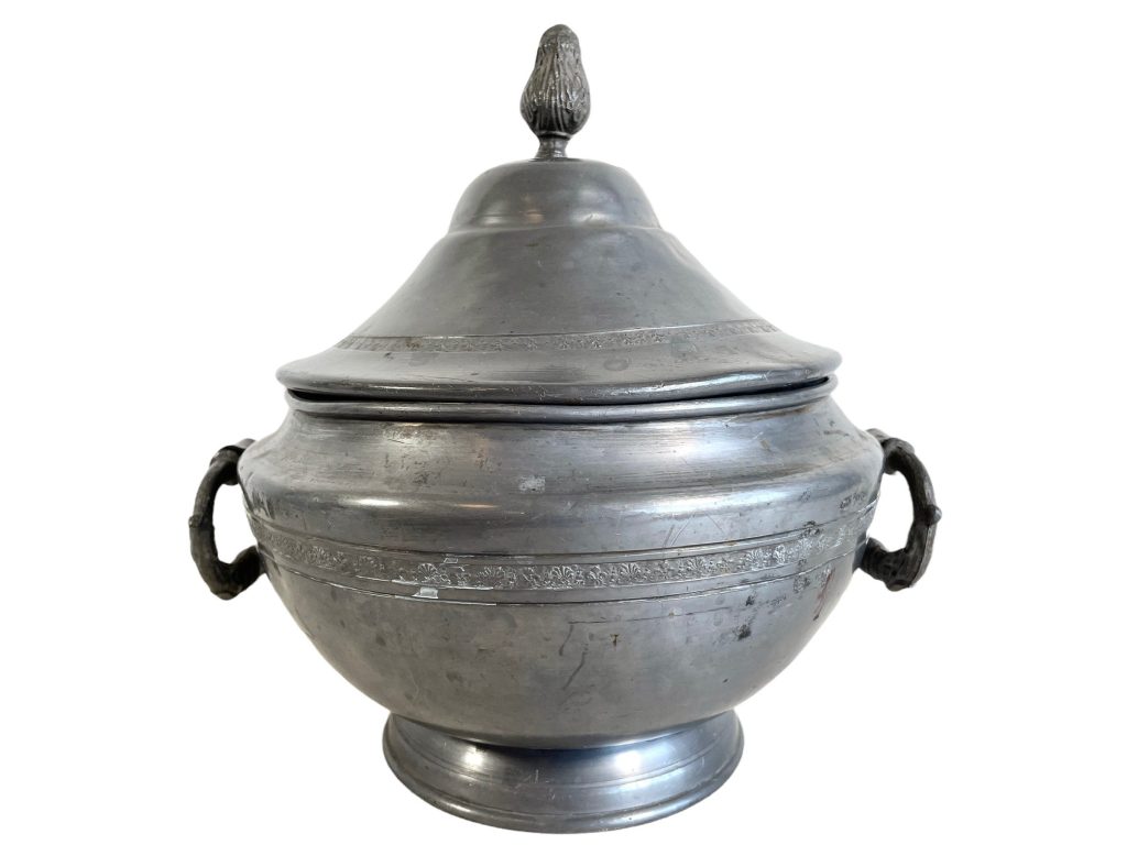 Antique French Pewter Lidded Tureen Bowl Dish Metal Serving Decorative Table Dining Food Display Lid circa 1900’s / EVE