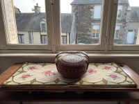 Vintage French Pink Green Cross Stich Hand Knotted Runner Small Rug Floor Table Covering Decor Display Prop circa 1960-70's / EVE