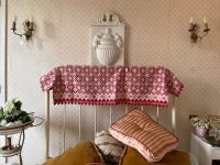 Vintage French Red White Curtain Topper Runner Flower Small Rug Floor Table Covering Decor Display Prop France circa 1960-70's / EVE