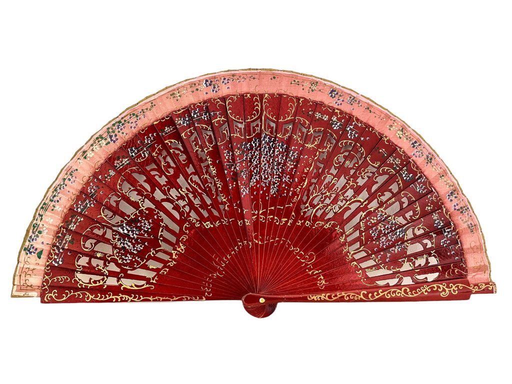 Vintage French Handheld Fan Cinebar Red Hand Painted Silk Decor Design Costume Period Prop Outfit c1940’s / EVE