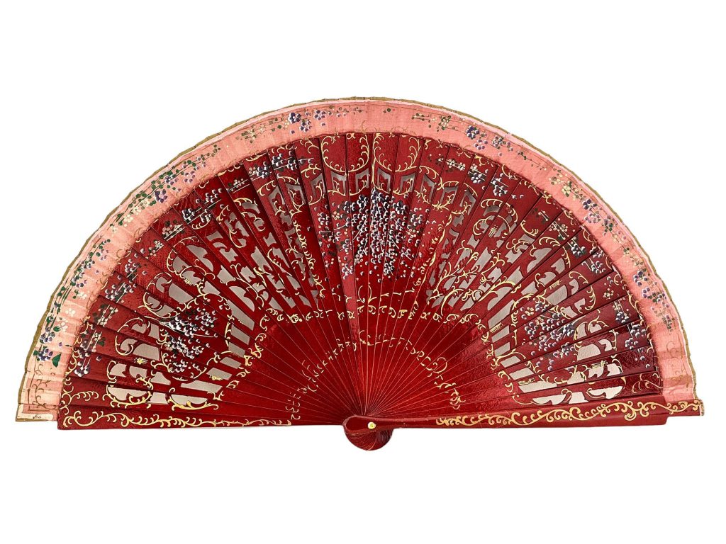 Vintage French Handheld Fan Cinebar Red Hand Painted Silk Decor Design Costume Period Prop Outfit c1940's / EVE
