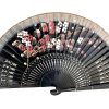 Vintage French Handheld Fan Black Red Hand Painted Silk Flowers Lattice Decor Design Costume Period Prop Outfit c1960's / EVE