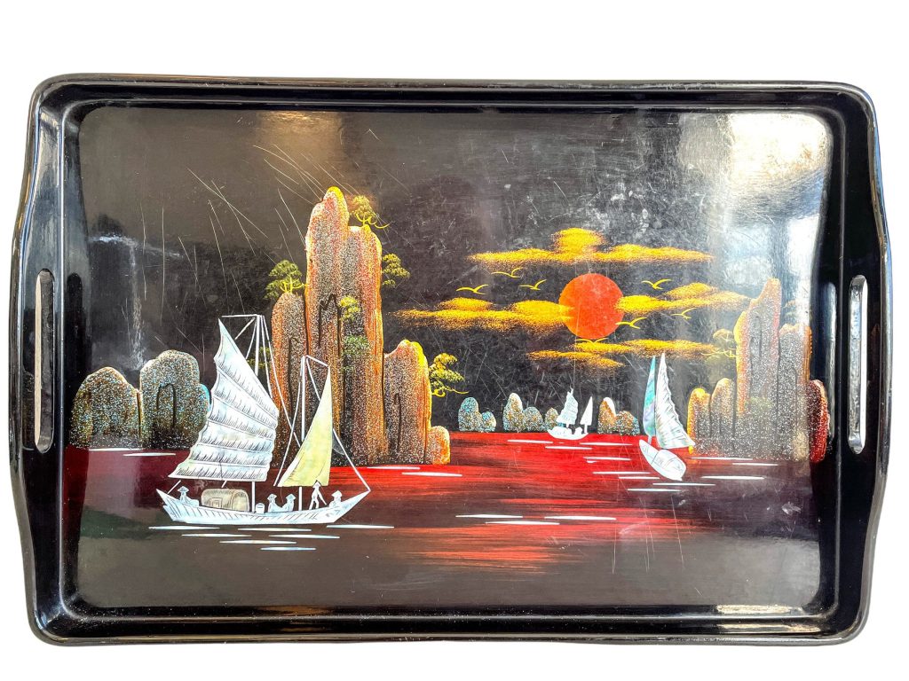 Vintage Asian Vietnamese black serving lap tray with inlaid Mother Of Pearl sailing boats decor c1970-80’s / EVE