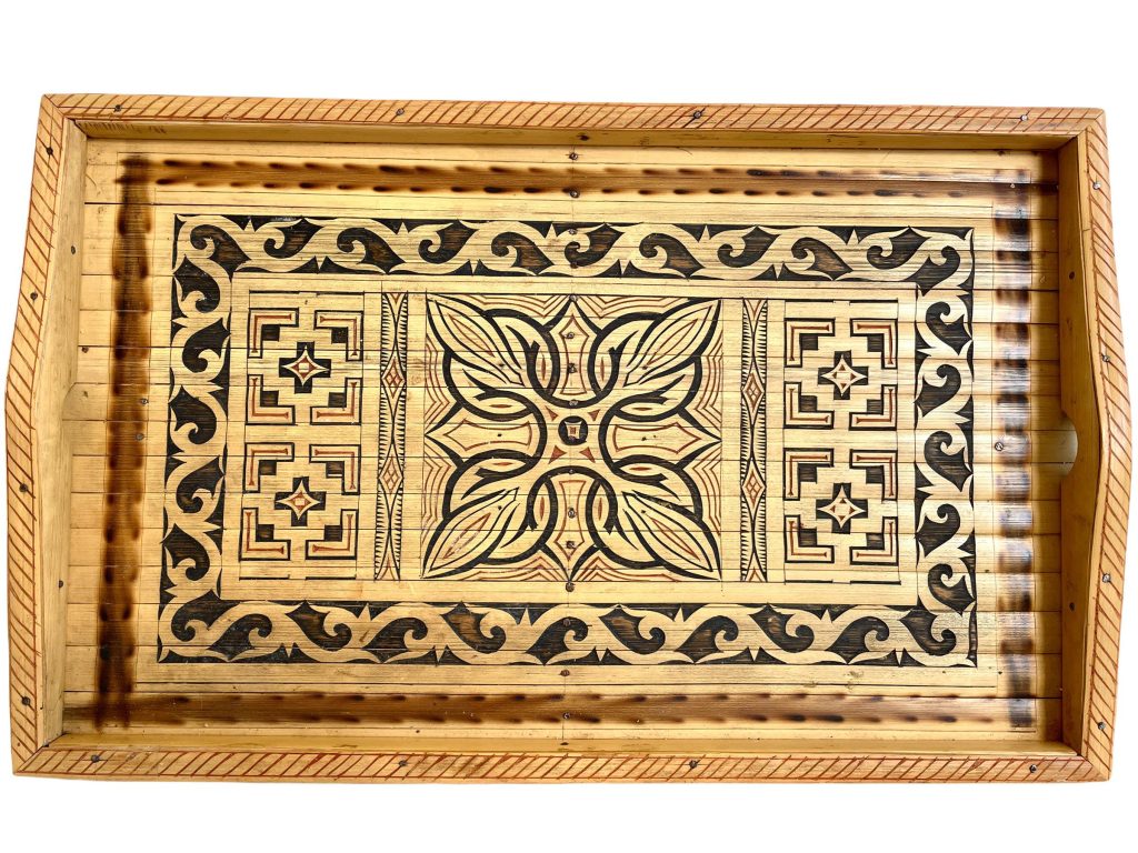 Vintage Asian Indonesian Bamboo Geometric Folk Shaman Motive serving lap tray trivet place mat decor wood wooden c1970-80’s / EVE