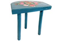 Vintage Stool French Traditional Hand Painted Flowers Blue Small Milking Wood Chair Plant Pot Stand D Seat Shaped Tabouret c1970-80's / EVE