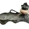 Antique French Cast Pewter Spelter Pen Pencil Ink Stand Rest Display Wooden Wood Desk Tidy Organiser Signed R. Elias circa 1910-20's / EVE