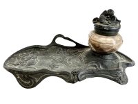 Antique French Cast Pewter Spelter Pen Pencil Ink Stand Rest Display Wooden Wood Desk Tidy Organiser Signed R. Elias circa 1910-20's / EVE