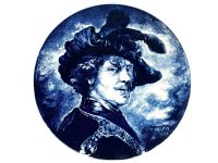Vintage Dutch Delft Rembrandt Blue And White Large Plate Bowl Dish Ceramic Pink Serving Plate Wall Hanging Self Portrait c1950-60's / EVE