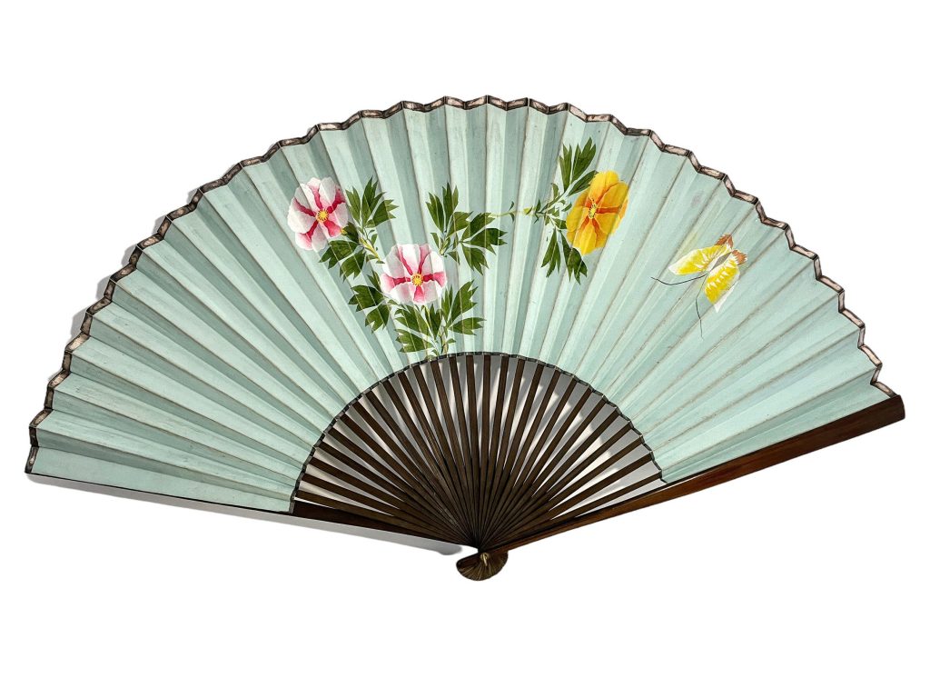 Vintage French Handheld Fan Mint Green Hand Painted Flowers Decor Design Costume Period Prop Outfit c1940’s / EVE