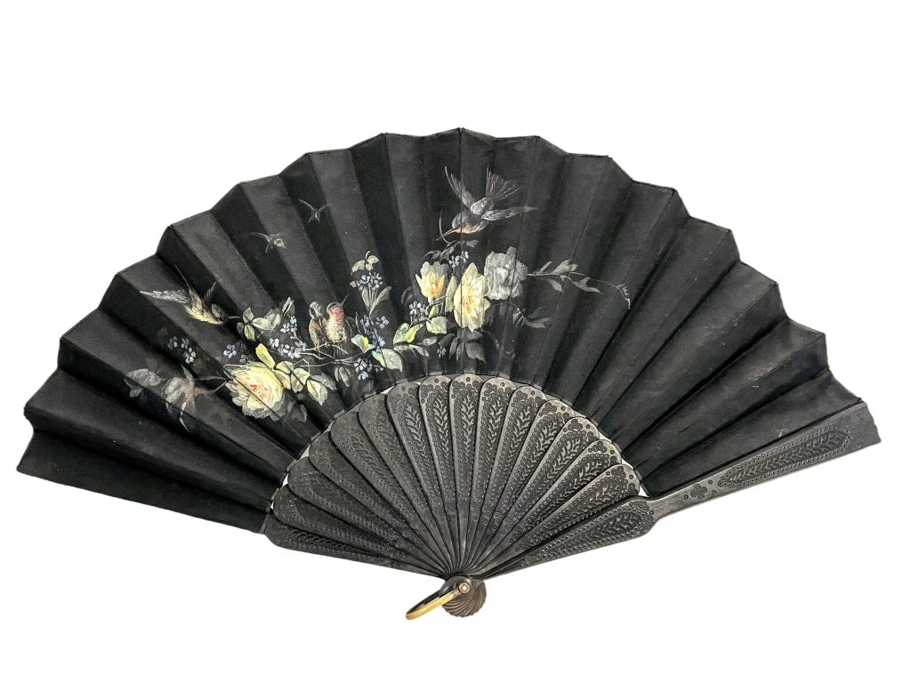 Antique French Handheld Fan Black Hand Painted Flowers Birds Decor Design Costume Period Prop Outfit c1910’s / EVE