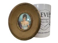Alternative view of Antique French Small Miniature Tiny Oval Framed Painting Of Busty Lady Blue Nightie Night Dress Wall Decor Collector c1900's / EVE