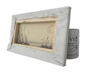 Alternative view of Vintage Italian Venice Coastal Sunset Sailing Fishing Boats Painting Oil Skyline Marina Harbour Coast On Canvas Mafonso circa 1980's / EVE