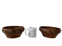 Alternative view of Vintage Indian Brass Inlaid Wooden Bowls Stackable Stand Display Brown Serving Bowl Platter Dish c1990's / EVE