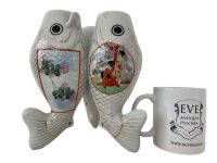 Alternative view of Vintage Triple Fish Mouth Vase Japanese Bud Blue White Tree Ceramic Japan Good Luck Carp Decorative Ornaments Display c1940-50's / EVE