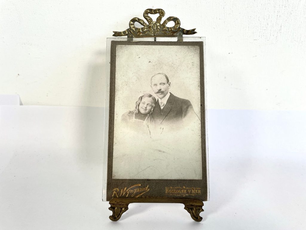 Antique Photo Picture Frame Stand Display French Brass Or Bronze Metal Glass Desktop Table Top Ornate Decorative Gold Small c1900’s / EVE