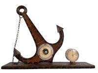 Vintage French Anchor Metal Wood Barometer Barometre Thermometer Weather Forecasting Instrument Hanging Wall Rustic Rural c1960-70's / EVE
