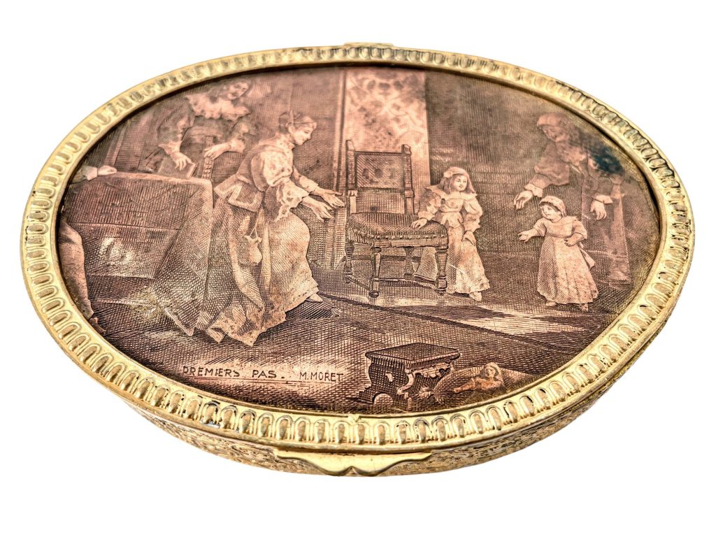 Antique Pill Jewellery Box French Brass Copper Green Velvet Lined Box Dish Catch All Trinket Jewelry Jewellery Lid circa 1850-80's / EVE