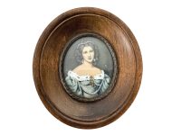 Antique French Small Miniature Tiny Oval Framed Painting Of Royal Lady Princess Dress Cross Pearls Rubies Wall Decor Collector c1900's / EVE