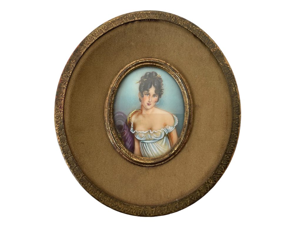 Antique French Small Miniature Tiny Oval Framed Painting Of Busty Lady Blue Nightie Night Dress Wall Decor Collector c1900’s / EVE