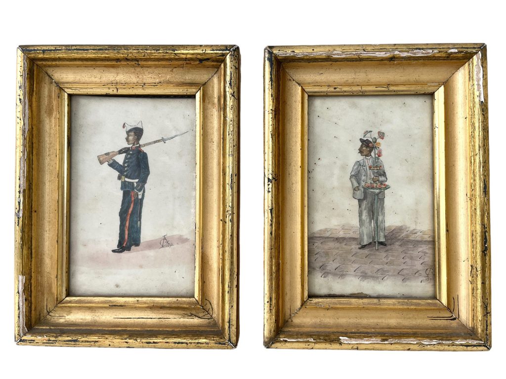 Antique French Framed Painting Of Carabiner Infantry Flower Sales Man Crockis Sketch Coloured Drawing Wall Decor Collector c1893 / EVE