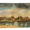 Vintage French Oil Reproduction Study Of Delft By Vermeer Painting Coastal Seaside Skyline Scenic Harbour On Board c1970's
