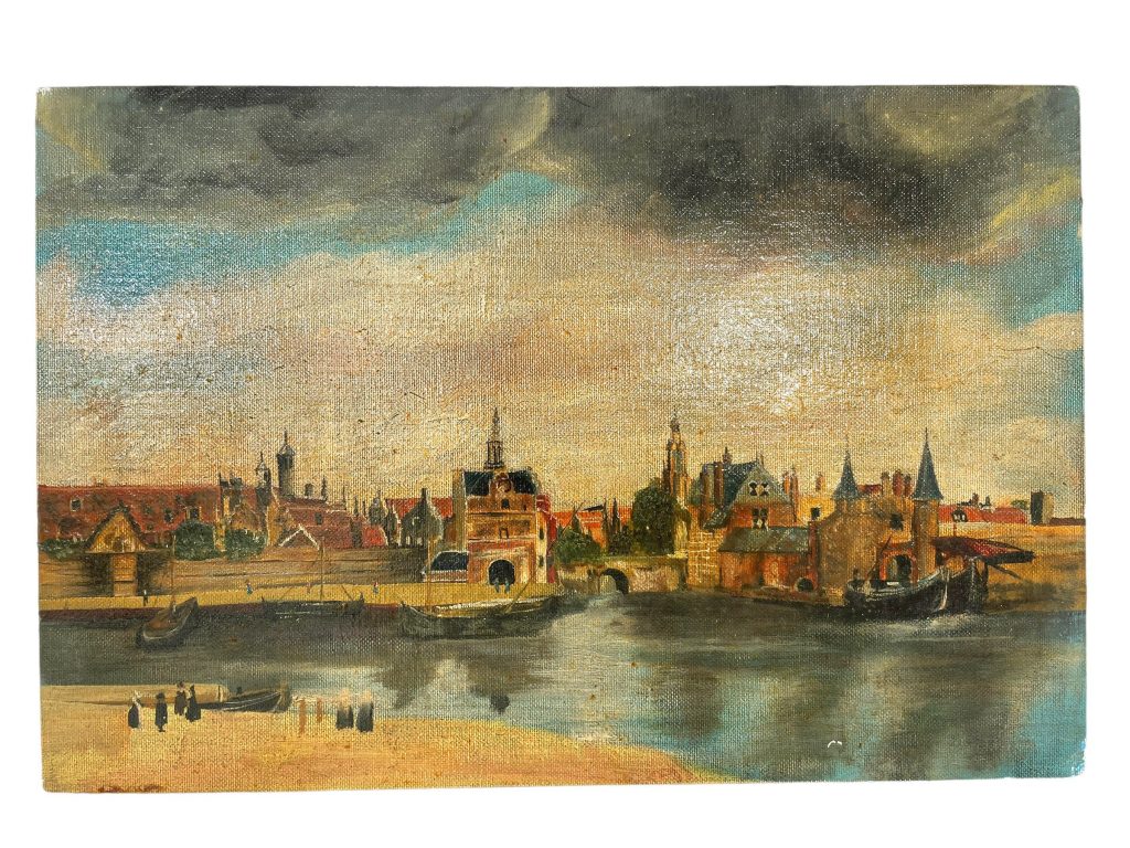 Vintage French Oil Reproduction Study Of Delft By Vermeer Painting Coastal Seaside Skyline Scenic Harbour On Board c1970’s / EVE