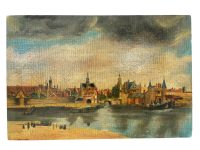 Vintage French Oil Reproduction Study Of Delft By Vermeer Painting Coastal Seaside Skyline Scenic Harbour On Board c1970's