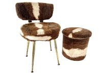 Vintage French Chair Stool Faux Fake Cow Coloured Fur Wooden Metal Seat Tabouret Covered  circa 1960-70's / EVE