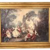 Vintage French La Lamargo Dancing Reproduction By Lancret Print Gold Frame Stamped Canvas circa 1960-70's