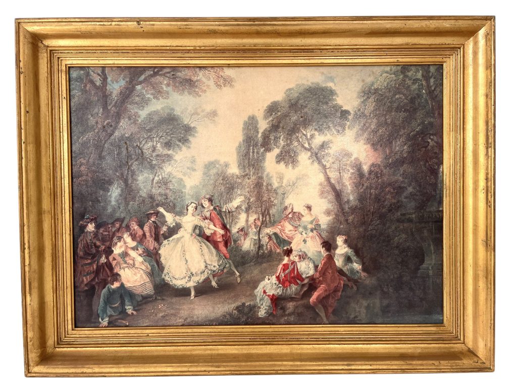 Vintage French La Lamargo Dancing Reproduction By Lancret Print Gold Frame Stamped Canvas circa 1960-70’s / EVE