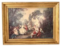 Vintage French La Lamargo Dancing Reproduction By Lancret Print Gold Frame Stamped Canvas circa 1960-70's