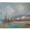 Vintage Italian Coastal Sailing Fishing Boats Painting Oil Skyline Marina Harbour Cliffs Coast On Canvas Mafonso circa 1980's / EVE
