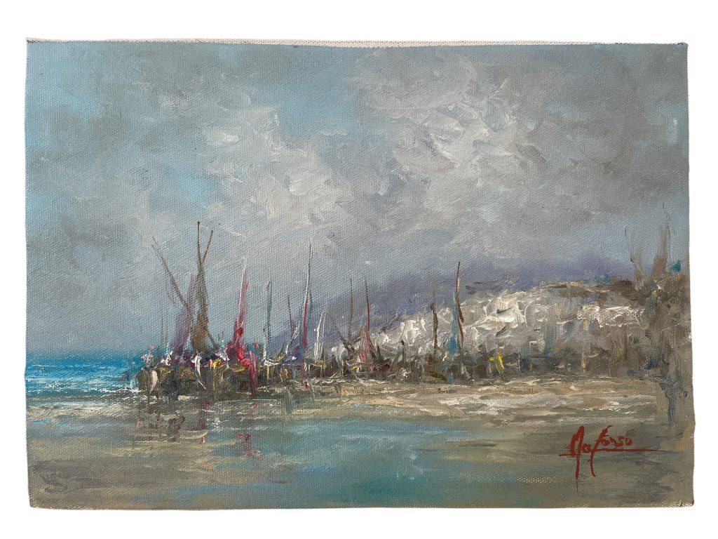Vintage Italian Coastal Sailing Fishing Boats Painting Oil Skyline Marina Harbour Cliffs Coast On Canvas Mafonso circa 1980’s / EVE