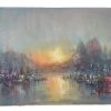 Vintage Italian Venice Coastal Sunrise Sailing Fishing Boats Painting Oil Skyline Marina Harbour Coast On Canvas Mafonso circa 1980's / EVE