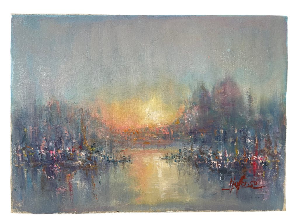 Vintage Italian Venice Coastal Sunrise Sailing Fishing Boats Painting Oil Skyline Marina Harbour Coast On Canvas Mafonso circa 1980’s / EVE