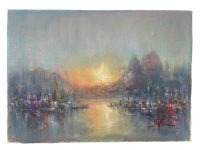 Vintage Italian Venice Coastal Sunrise Sailing Fishing Boats Painting Oil Skyline Marina Harbour Coast On Canvas Mafonso circa 1980's / EVE
