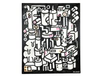 Vintage French Nilbog Oil Painting Life In The Machine Painting On Canvas Bright Black And White c1990's / EVE