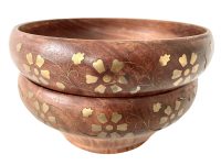 Vintage Indian Brass Inlaid Wooden Bowls Stackable Stand Display Brown Serving Bowl Platter Dish c1990's / EVE