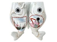 Vintage Triple Fish Mouth Vase Japanese Bud Blue White Tree Ceramic Japan Good Luck Carp Decorative Ornaments Display c1940-50's / EVE