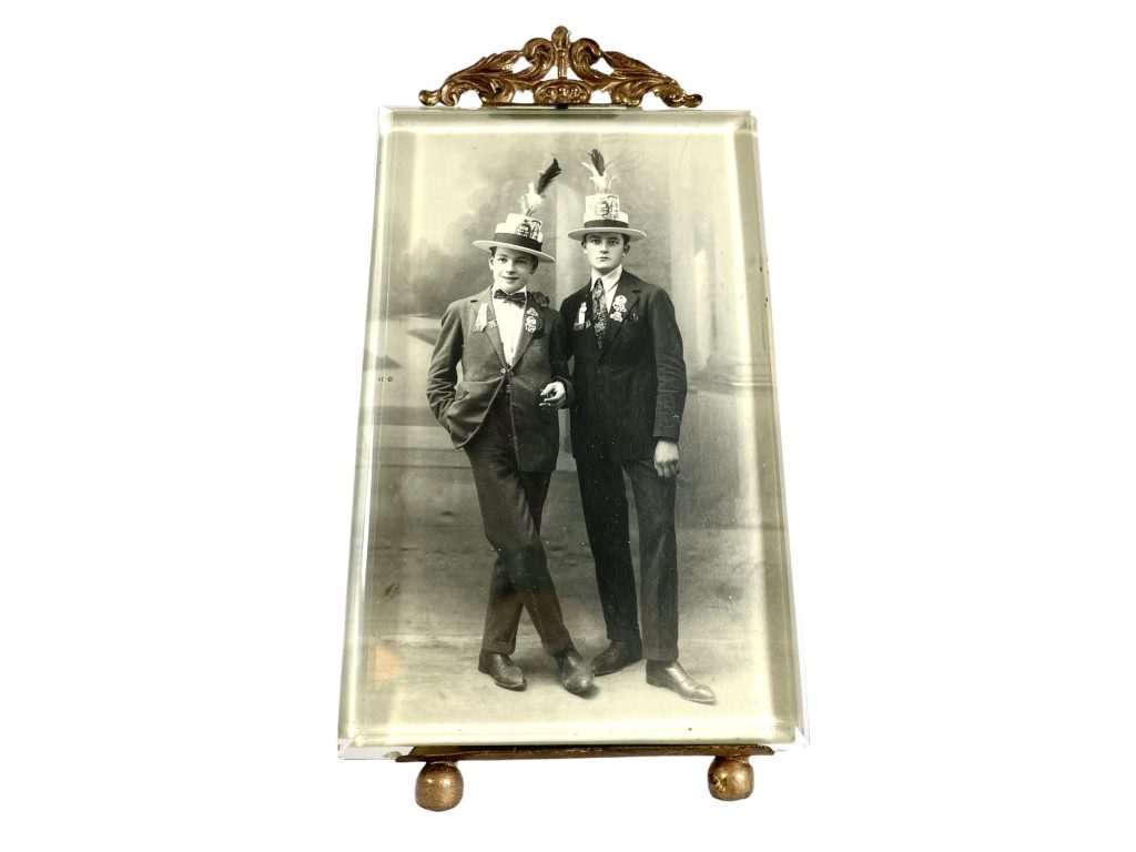 Antique Photo Picture Frame Stand Display French Brass Or Bronze Metal Glass Desktop Table Top Ornate Decorative Gold Small c1900's / EVE