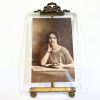 Antique Photo Picture Frame Stand Display French Brass Or Bronze Metal Glass Desktop Table Top Ornate Decorative Gold Medium c1900's / EVE