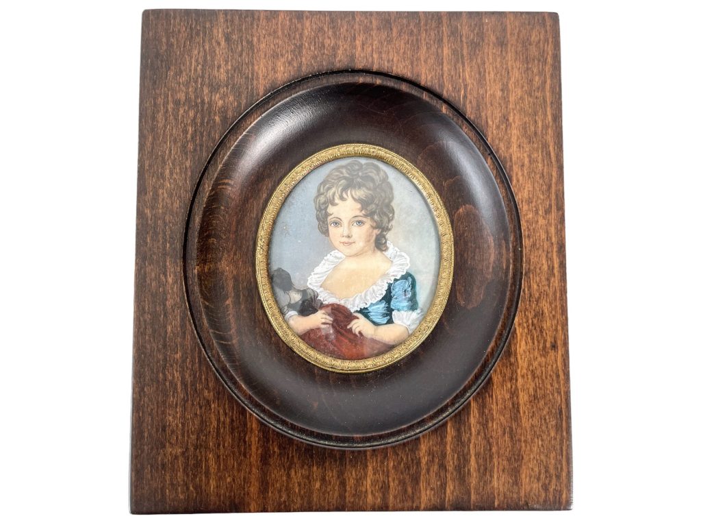 Antique French Small Miniature Tiny Oval Framed Painting Of Young Girl With Doll Princess Dress Wall Decor Collector c1900’s / EVE
