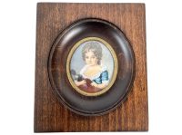 Antique French Small Miniature Tiny Oval Framed Painting Of Young Girl With Doll Princess Dress Wall Decor Collector c1900's / EVE